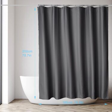 Шторка для душу DUFU, водовідштовхувальна, миється | Швидковисихаюча поліестер, 12 гачків | Напівпрозора захисна шторка для ванни (180x200 см, Темно-сірий)
