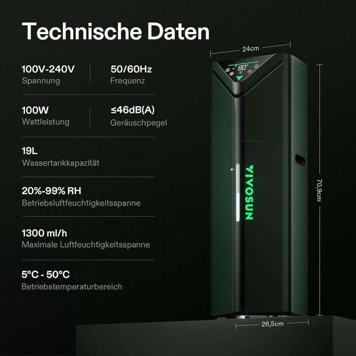 Зволожувач повітря VIVOSUN для рослин, AeroStream H05, 19л, ультразвуковий, тихий (24дБ), 360°
