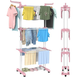 Foldable Stainless Steel Clothes Drying Rack with Wheels, Portable, for Indoor and Outdoor Use, White/Gray (Blue+White)