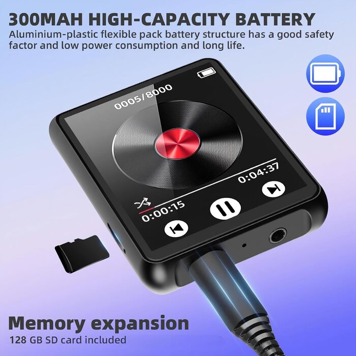 MP3-плеєр 128GB з Bluetooth, портативний музичний плеєр з динаміком, 2.4' Full Touch Screen, HiFi звук, FM радіо, записувач, кабельні навушники в комплекті, для бігу, фітнесу T5-MP3