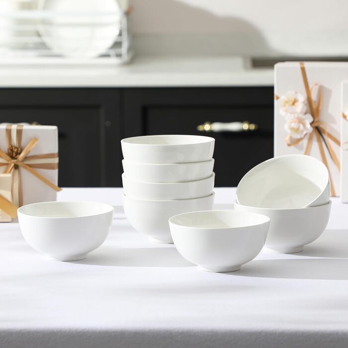 MALACASA Набір з 8 порцелянових мисок для мюслі та супу, 420 мл, кремово-білий, 12.8x12.8x6.5 см