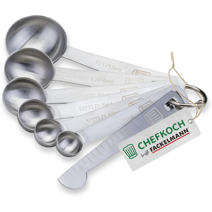 Набір мірних ложок Fackelmann Premium з нержавіючої сталі, 7 шт., гравійовані розміри, для спецій та рідин, придатні для миття в посудомийній машині