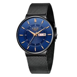 Годинник чоловічий LIGE з датою, водонепроникний, з нержавіючої сталі, вінтажний стиль, кварцовий механізм, чорний колір, з ремінком з нержавіючої сталі, класичний дизайн, для бізнесу, подарунок для чоловіків, блакитний/чорний колір