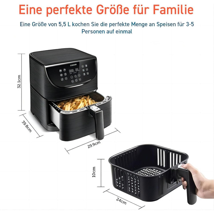 COSORI Air Fryer, 11-in-1 Air Fryer XXL 5.5L, Hot Air Fryer with Shake Reminder, 100 Recipes, 55 Percent Energy Saving, Dishwasher-Safe Baskets 5.5L Black
