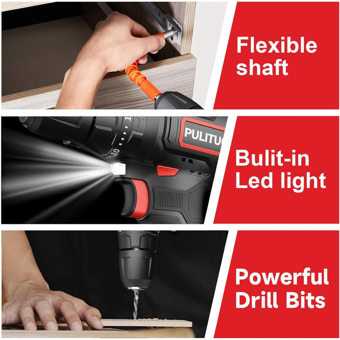 Акумуляторний ударний дриль-шуруповерт PULITUO 12V, комплект, металевий патрон 3/8', 21+1+1 ступенів моменту, LED-ліхтар, 35 Нм, 1300 mAh, бездротовий дриль