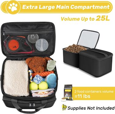 Чорна сумка для собак у подорожі, схвалена авіакомпаніями, з двома складними мисками та кишенькою для ласощів