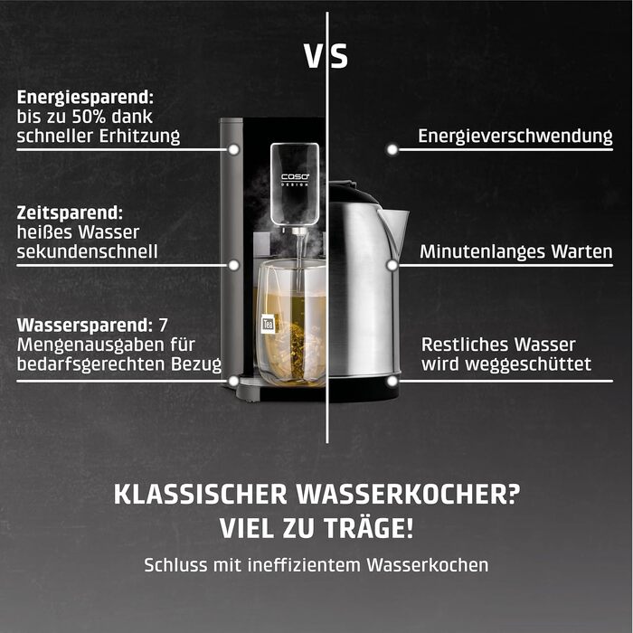 CASO HW 550 -Turbo Hot Water Dispenser, for preparing tea, instant coffee, baby food. Water tank with 2.9 l capacity, 7 adjustable temperature levels from 40-100 °C in 10 °C increments.