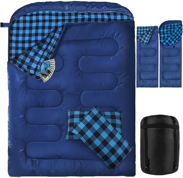 Спальний мішок для двох осіб з фланелі, 220 x 160 см, Outdoor, з двома подушками та сумкою для перенесення, блакитний