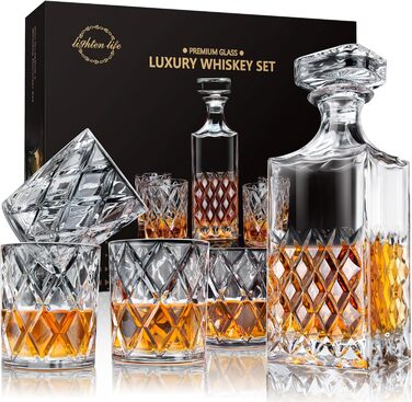 LIGHTEN LIFE Whisky Decanter and Glasses Set, Whiskey Decanter Set, Whiskey Gift Set, 849 ml Crystal Whisky Decanter with 4 Glasses 280 ml in Gift Box (5 Pieces)