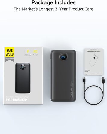 Потужний Power Bank 27000mAh 22.5W з підтримкою PD 3.0 та QC 4.0, зовнішній акумулятор USB-C зі швидкою зарядкою та LED-дисплеєм для iPhone, Samsung, iPad та смартфонів