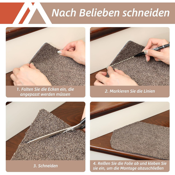 Компактні килимки для сходів COSY HOMEER, 15 шт., 70x22 см, самоклеючі, машинне прання, 100% поліестер, TPE-підкладка, безпека для дітей та домашніх тварин, бежевий колір