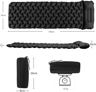 Ultralight Inflatable Camping Mat with Pillow - Waterproof Folding Air Mattress for Camping, Hiking, Travel & Backpacking - Black