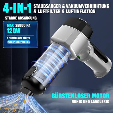 Акумуляторний ручний пилосос 4-в-1 для авто, дому та тварин 25000PA, чорний