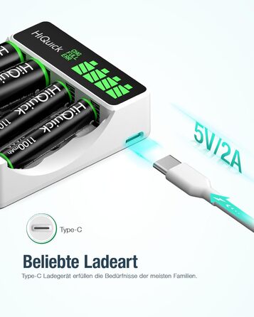 Швидкий зарядний пристрій HiQuick з LCD-дисплеєм для акумуляторів NI-MH NI-CD AA/AAA, 4 слоти, універсальний, для перезаряджуваних акумуляторів Mignon AA та Micro AAA