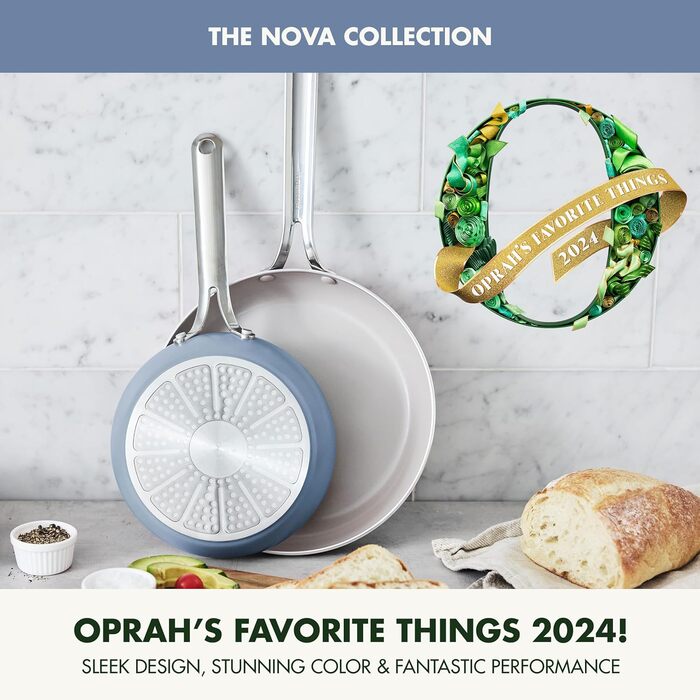 Набір сковорідок GreenPan Nova, 20.3 см та 25.4 см, індукційні, без PFAS, керамічне покриття, безпечні для здоров'я, для плити та духовки, блакитний океан