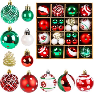 Набір прикрас на ялинку 44 шт. (6см та 3см) - блакитні та срібні ялинкові кулі для декору ялинки в приміщенні та на вулиці (червоний, зелений)