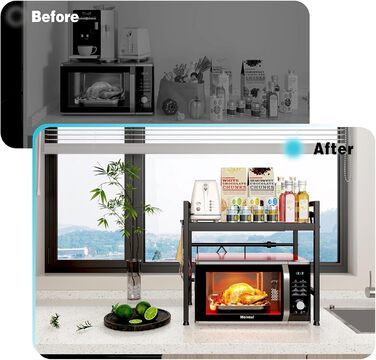 Регульована полиця для мікрохвильової печі, 2-рівнева, розширювана, металева, з 8 гачками, чорна