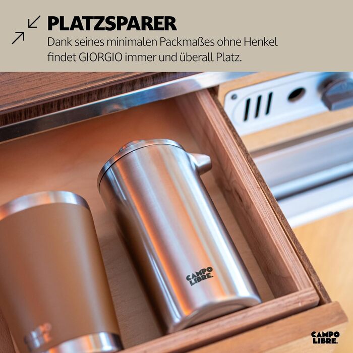 Campo Libre.® Giorgio French Press Coffee Maker made of double-walled stainless steel, 0.35l | Plastic-free coffee press with thermal function incl. replacement filter | Coffee maker | 100% recycled stainless steel 350ml Matt Steel