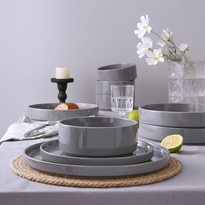 Набір посуду Nebula для 4 осіб (12 предметів): тарілки та миски, керамічний набір, тарілки для сервірування столу, безпечний у мікрохвильовці та посудомийній машині, темно-сірий колір