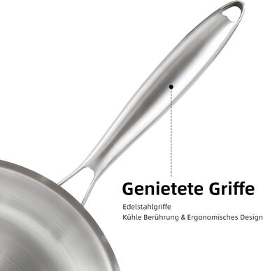 Пательня нержавіюча сталь 28 см, індукційна, довговічна, з ручками з нержавіючої сталі, легке очищення для всіх плит