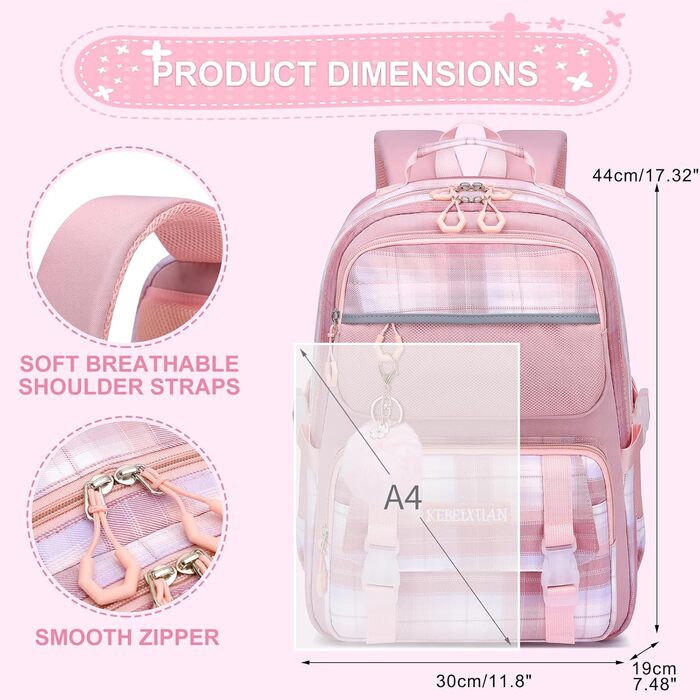 KEBEIXUAN Рюкзак для дівчинки, шкільна сумка 1-5 клас, дихаючий рюкзак з помпоном, фіолетовий + ланч-бокс + пенал (рожевий)