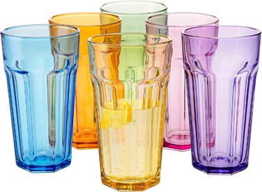 Gigi Rainbow Blast Mix Large Drinking Glasses 700 ml Cocktail Glasses, Set of 6 Iced Coffee Glasses, Large Long Drink Glasses XXL Colorful Glasses Lemonade Glasses Juice Glasses Smoothie Glasses