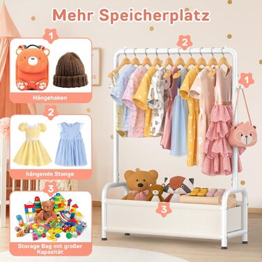 Дитяча вішалка для одягу Kinder Garderobe 80x30x125 см, біла. З гачками та кошиком для зберігання, U-подібна основа.