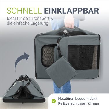 Juskys Collapsible Dog Carrier Box with Blanket, Bag & Handles - Portable Dog Travel Box for Dogs, Cats & Pets - Oxford Fabric Dog Crate, Car Pet Carrier - Grey (70x50x52 cm)