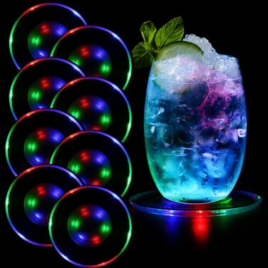 MEDOYOH Cool White LED Coasters, Glowing for Drinks, ON/Off Switch, Drink Coaster Set, Waterproof Acrylic Coasters Round for Glasses Bottles Parties Weddings Bar Christmas Pub (Colorful LED Coasters, 8-Piece Set)