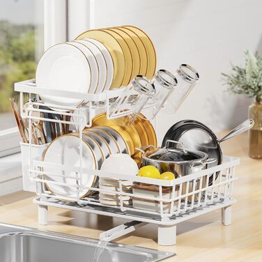 LIONONLY Dish Drying Rack, Small 2-Tier Dish Rack with Drip Tray, Stainless Steel Dish Drying Rack with Utensil Holder, Drink Holder and Swivel Spout, Dish Drying Stand Kitchen