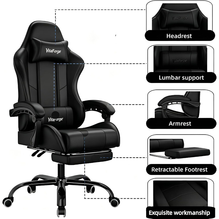 Ігрове крісло Ergonomic Gaming Chair з підніжкою, подушками під шию та поперек, 2D-підлокітниками, регулюванням висоти та поворотом на 360°, чорне