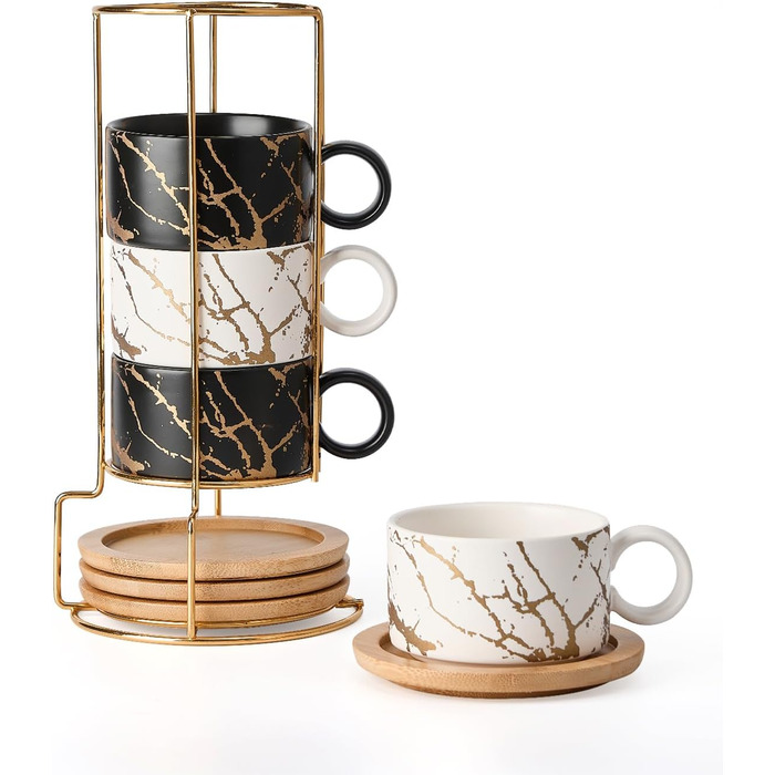 Набір чашок кавових Cappuccino HOME DECOR - 4 шт. по 160 мл з підставками та стійкою - 160 мл, кераміка, для еспресо, капучино, лате, мармурова колекція