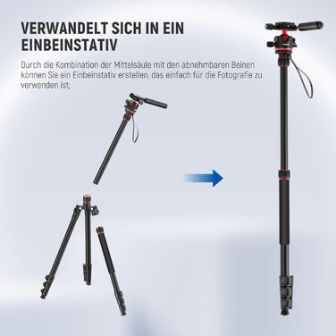 Штатив-монопод NEEWER BASICS TP08 для DSLR та відеокамер, компактний легкий штатив для подорожей з 360° кульковою головкою, Arca-типом швидкої зміни та реверсивною центральною колоною, навантаження до 6 кг