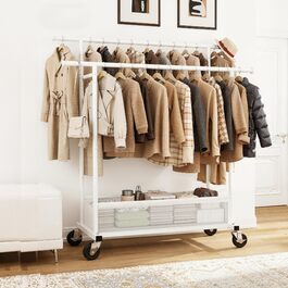 Подвійний мобільний вішак для одягу з кошиком для білизни, металевий (110 кг), білий - міцний вішак для пальт, суконь, светрів