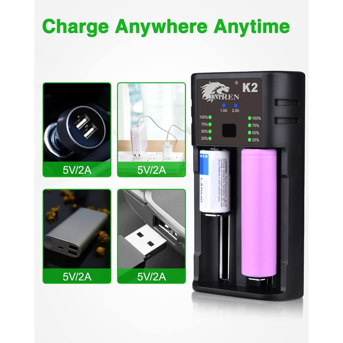 Зарядний пристрій IMREN 18650 з 4 слотами, 2A, USB-C, для акумуляторів 18350, 14500, 14650, 17500, 18700, 20700, 21700, 22650, 26650, 1.2V NI-MH/NI-Cd AA AAA C