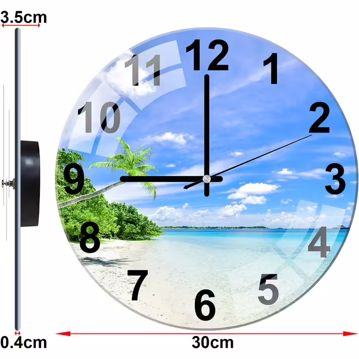 ALEENFOON Glass Wall Clock 30cm Silent Non-Ticking Decorative Round Wall Clock for Living Room Kitchen Bedroom Hallway Office (Beach)