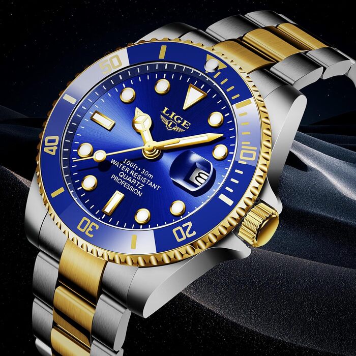 Годинник чоловічий LIGE, аналоговий кварцовий годинник з нержавіючої сталі, 3ATM (30м) водостійкість, функція календаря, світлодіодна стрілка, годинник для чоловіків, бізнес, відпочинок, блакитний/золотий