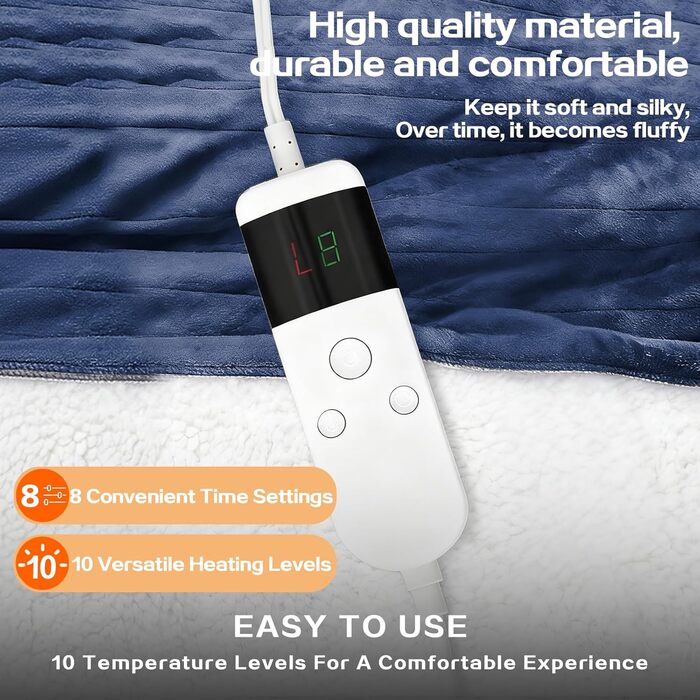 Електрична ковдра з підігрівом 130x180 см з автоматичним вимкненням, 10 режимів нагріву, таймер 8 годин, захист від перегріву, машинне прання, фланелева ковдра для ліжка, дивану та офісу (Тибетська, 150 x 180 см)