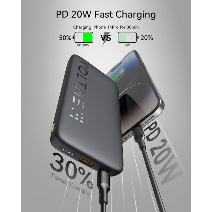 Power Bank VOLTME 10000mAh з USB C та USB A, PD3.0, LED-дисплеєм. Сумісний з iPhone, iPad, Samsung, Huawei, чорний