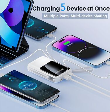 Портативний зарядний пристрій Powerbank 10000mAh з вбудованими кабелями (USB-C) для iPhone, Android, Google Pixel (білий)