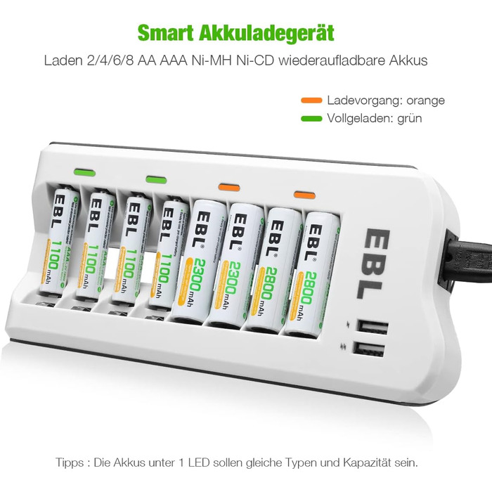 Зарядний пристрій EBL для акумуляторів AA/AAA NI-MH/NI-Cd та USB пристроїв, 8 слотів, LED дисплей, 2 USB порти (без акумуляторів)