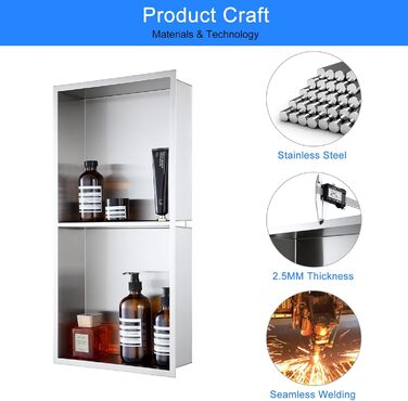 KINKIBOS Recessed Shower Niche, Stainless Steel, No Tiles Required, Built-in Shower Niche 60 x 30 x 10 cm, Shower Niche with Double Shelf Storage