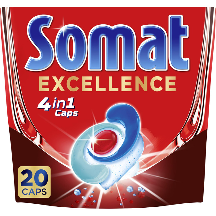 Капсули для посудомийної машини Somat Excellence 4in1, для ідеального очищення та блиску, підходять для Eco-режиму та низьких температур, 20 шт.