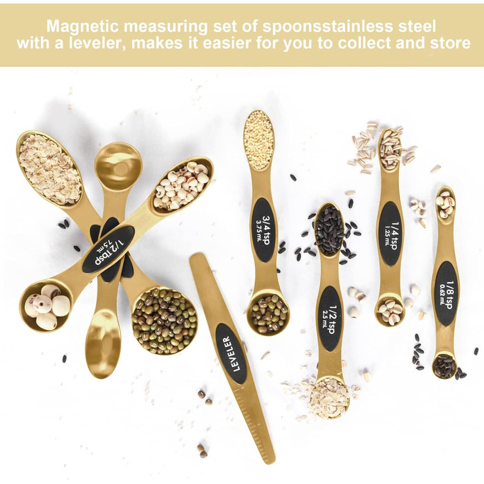 Magnetic Measuring Spoon Set, Stainless Steel with Leveler, 9 Piece, Stackable Measuring Cups for Baking, Measuring Cups and Spoons Set, Kitchen Gadgets, Household Utensils, Fits Spice Jars