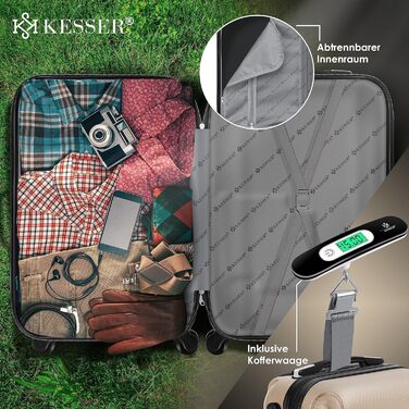 KESSER® Hard Shell Suitcase Including Luggage Scale + Baggage Tag | Trolley Suitcase Rolling Luggage Combination Lock 4 Wheels ABS Hard Shell Telescopic Handle (75cm – 120L) (Carry-on 55cm - 55L, Champagne)