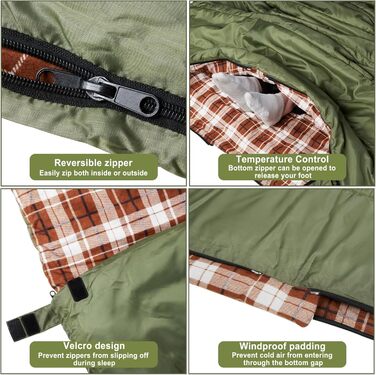 Cotton Flannel Double Sleeping Bag for Camping, Hiking - Queen Size 2 Person Waterproof Sleeping Bag for Adults & Teens - Lightweight (Green/Brown)