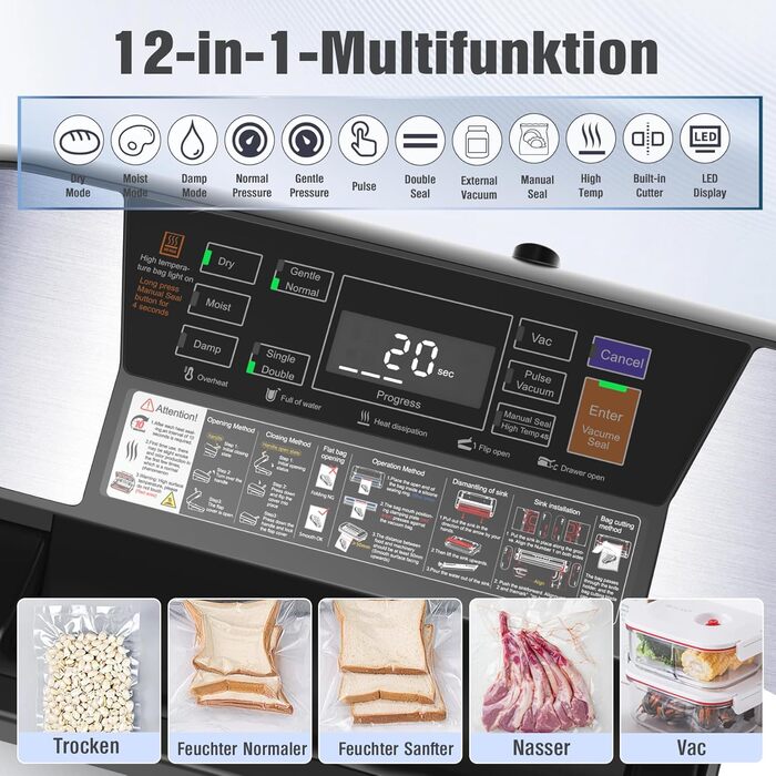 Вакуумний пакувальник OidoZac 85kPa, 12-в-1, з подвійною зварювальною лінією, вбудованим різаком та контейнером для пакетів, срібно-чорний