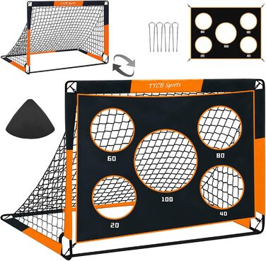 TTCB Sports 2-in-1 Kids Soccer Goal - 5 Target Areas, Pop-Up Soccer Goal Net with Carry Bag, Ideal for Soccer Training & Gifts for Boys - Orange, 150x120x120cm