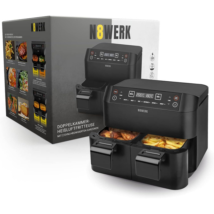 Фритюрниця-конвекційна піч Heißluftfritteuse Midnight Edition 7.6 л, 1800 Вт, 7 програм, чорний | Без олії, цифровий дисплей