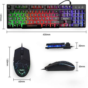 Набір клавіатури та миші Mafiti, провідний, з LED-підсвічуванням QWERTZ (DE-розкладка), багатобарвна підсвітка для геймінгу та офісу